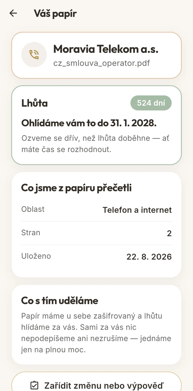 Papír v aplikaci: Moravia Telekom, lhůtu ohlídáme do 31. 1. 2028